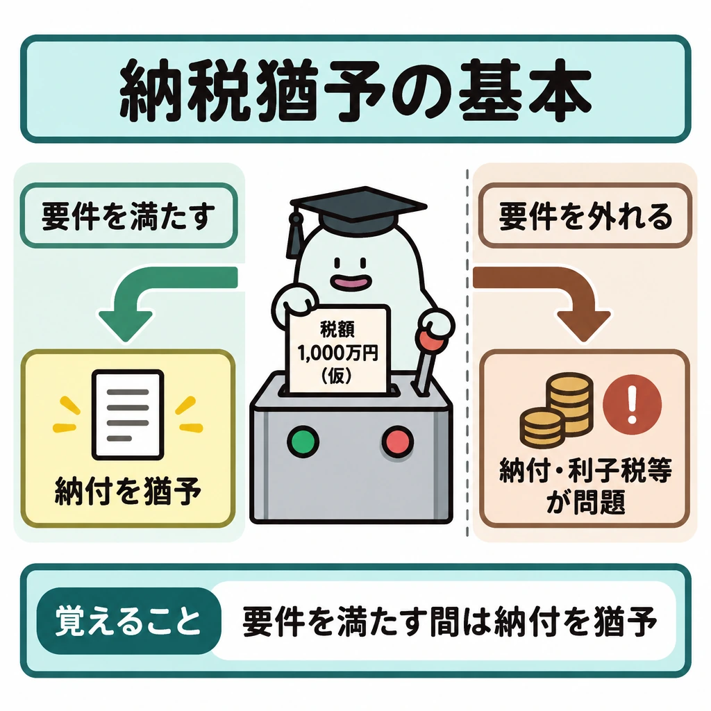 基本の仕組みの図解。中央の税額カードから左右に矢印を分け、左は「要件を満たす」→「納付を猶予」、右は「要件を外れる」→「納付・利子税等が問題」と示す。左右を仕切り、免除の判定はこの分岐に含めない。