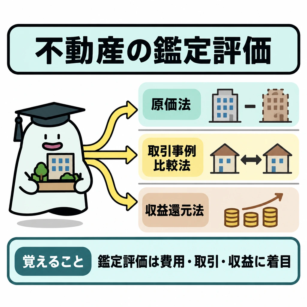 不動産の鑑定評価の図解。中央の不動産模型から右へ矢印を3本に分け、横線で区切った上段に再調達原価と減価修正、中段に類似の取引事例と補正、下段に将来の純収益を描く。各段に対応する手法名を添える。
