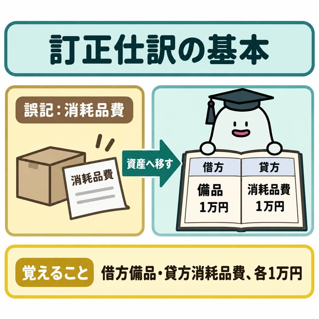 基本の仕組みの図解。左に「備品購入を消耗品費とした誤記」、右に左右2欄の訂正仕訳を置き、仕切りを越える矢印で訂正を示す。右欄は左が借方「備品1万円」、右が貸方「消耗品費1万円」とし、誤った費用を取り消して資産へ移す関係を描く。