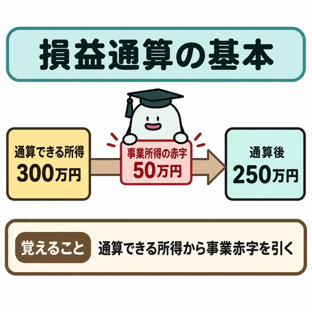 基本の仕組みの図解。左に「通算できる所得300万円」、右に「通算後250万円」を置き、左から右へ矢印を引く。矢印の途中で「事業所得の赤字50万円」を差し引く形にする。
