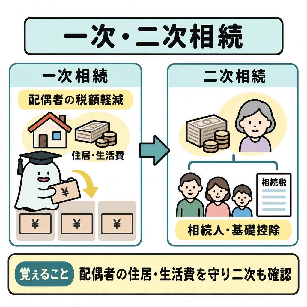 一次相続と二次相続を続けて見るの図解。中央の一本の流れを左の一次相続から右の二次相続へ矢印でつなぐ。一次相続側では配偶者の住居・生活費を確保したうえで財産を配分し、二次相続側では配偶者の財産と相続人・基礎控除を改めて確認する構図にする。