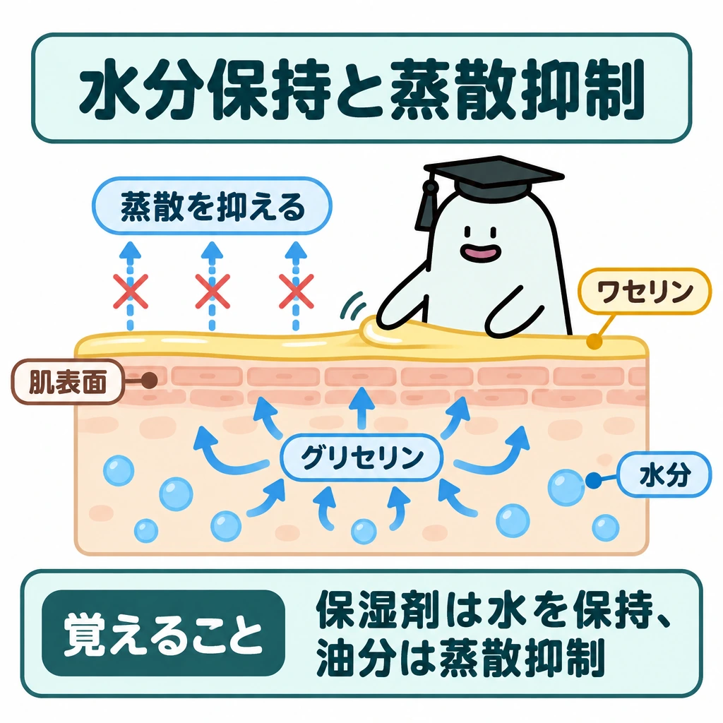 水分保持と蒸散抑制の組合せの図解。下部に肌の断面を横長に描き、グリセリンへ水分が集まる矢印を置く。肌表面にはワセリンの膜を重ね、外へ向かう蒸散の矢印が膜で抑えられる様子を示す。
