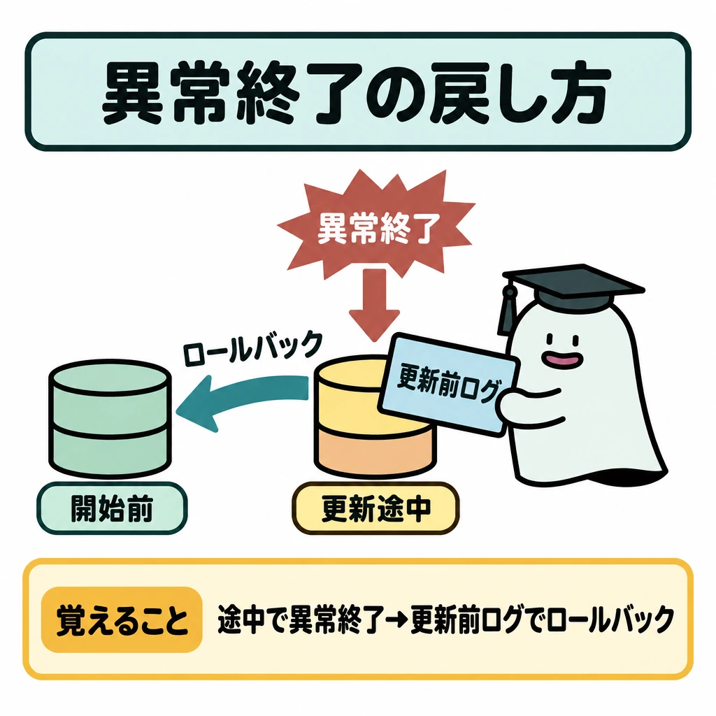 トランザクションの性質と障害回復の図解。中央に「更新途中」のデータ、左に「開始前」の状態を置き、上から「異常終了」の矢印を中央へ向ける。中央から左へ戻る矢印に「ロールバック」と添え、その矢印のそばに「更新前ログ」を配置する。
