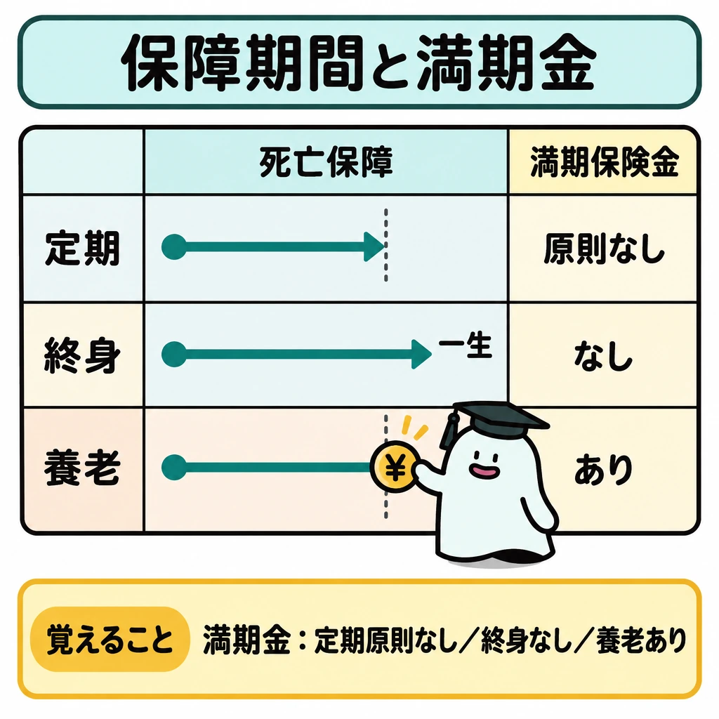 保障期間と満期金で区別の図解。正方形の図を定期・終身・養老の3段に仕切り、各段の左から右へ死亡保障の期間を線で示す。定期と養老は一定期間で線を止め、終身は「一生」として右端へ続ける。満期保険金の欄には順に「原則なし」「なし」「あり」と記し、養老だけ満期の位置に保険金の印を置く。