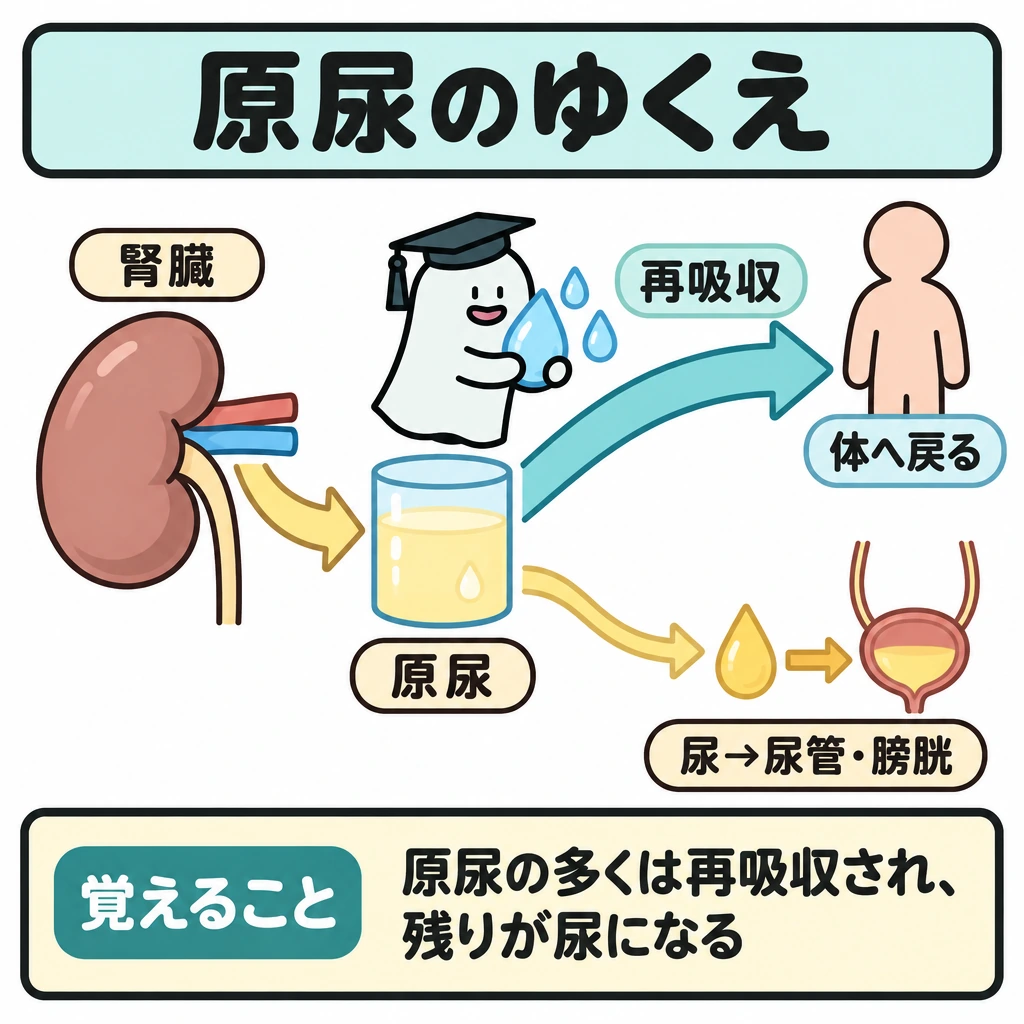 基本の仕組みの図解。正方形の左上に腎臓、中央に原尿を置き、そこから右上の「体へ戻る」経路と右下の「尿→尿管・膀胱」経路へ矢印を分ける。再吸収される側を太く、尿になる側を細く描き、2つの行き先を仕切りで明確に分ける。