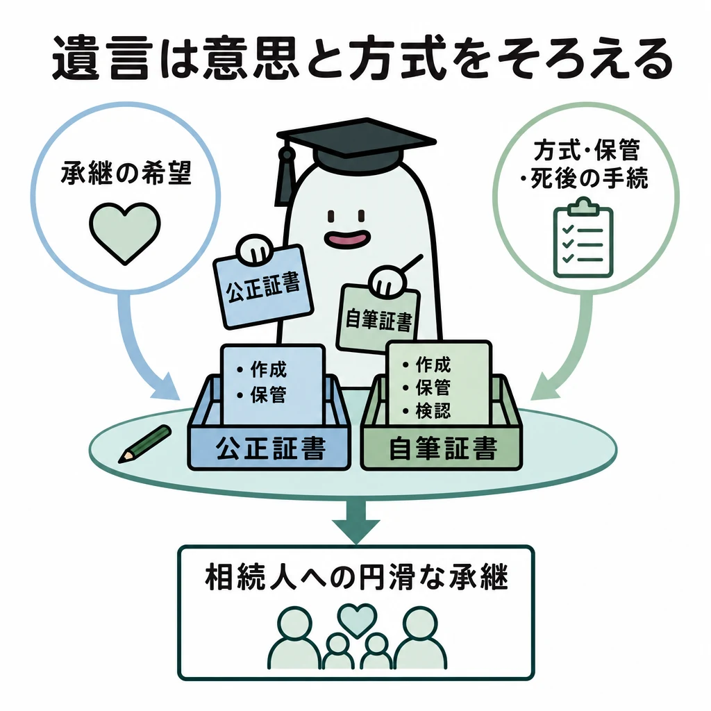 エルくんが公正証書と自筆証書をそれぞれの方式・保管・手続の棚へ整理する図