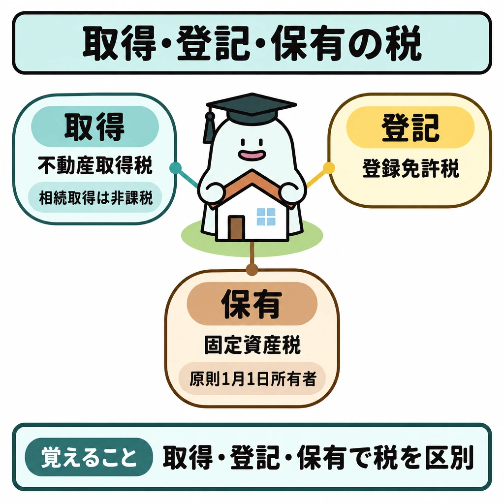 取得・登記・保有で異なる税の図解。中央の家屋模型から、左上「取得」、右上「登記」、下「保有」の3区画へ線を伸ばし、それぞれ対応する税を示す。区画の間に順序を示す矢印は置かず、取得には非課税の例、保有には判定日を添える。