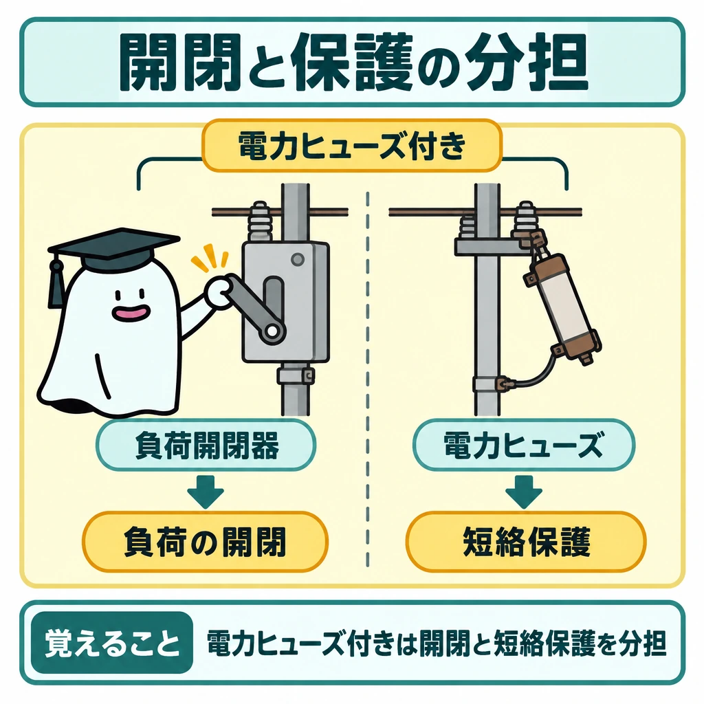 基本の仕組みの図解。中央に仕切りを置き、左に負荷開閉器、右の近くに電力ヒューズを配置する。両者を「電力ヒューズ付き」として囲み、それぞれの下向き矢印の先に担当する役割を示す。