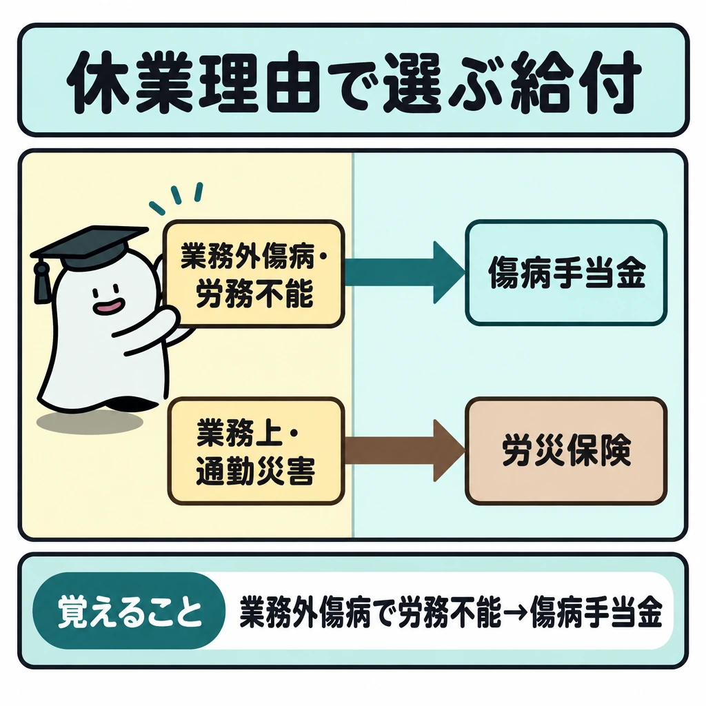 休業の理由から給付を選ぶの図解。正方形の中央を縦線で二分し、左に休業の原因、右に確認する制度を置く。上下2本の横矢印で「業務外の傷病で労務不能→健康保険の傷病手当金」と「業務上・通勤災害→労災保険」を対応させる。
