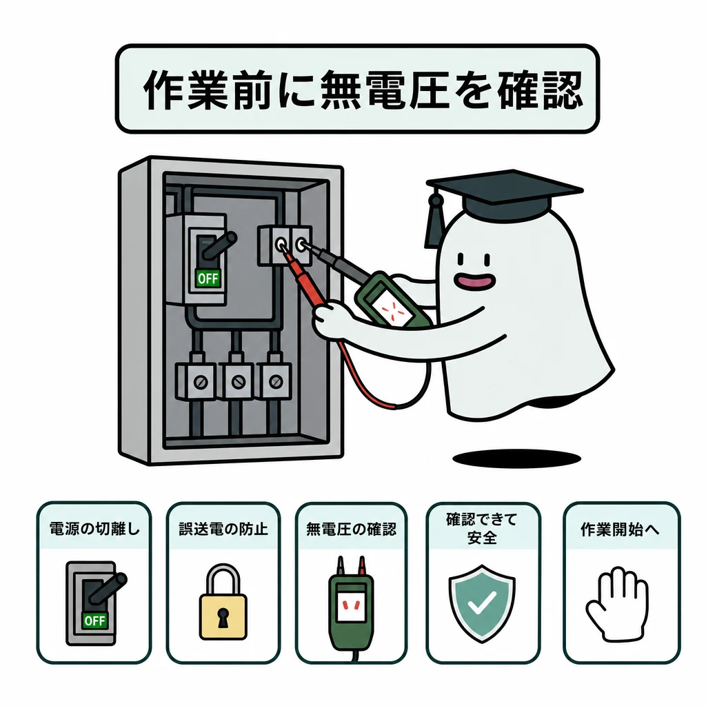 電源を切った盤の模型でエルくんが検電器を扱い、切離し・誤送電防止・無電圧確認を区別する図。