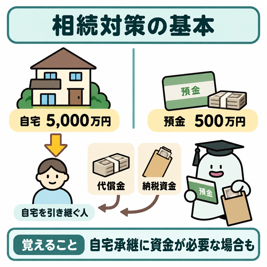 基本の仕組みの図解。上段を縦線で仕切り、左に大きな自宅「5,000万円」、右に小さな預金「500万円」を配置する。自宅から下段の引き継ぐ人へ矢印を引き、その横に代償金・納税資金を並べて、必要になる場合があることを示す。