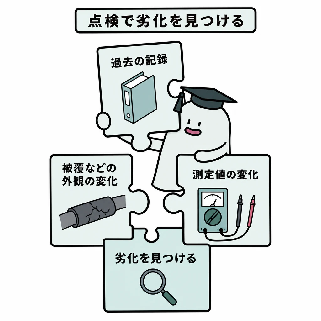 過去の記録、被覆の外観、測定値の変化のパズルを組み合わせ、劣化の見つけ方を示す図。