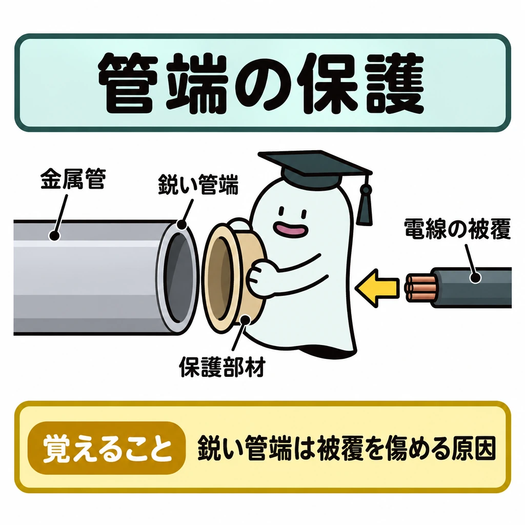 基本の仕組みの図解。左に金属管の端を大きく描き、右から電線が管内へ入る向きに矢印を置く。管端の鋭い縁と電線の被覆の間に保護部材を配置し、縁に被覆が直接触れない関係を示す。