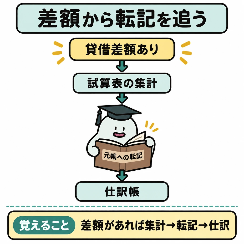 差額を手掛かりに転記を追うの図解。中央に「試算表の集計」→「元帳への転記」→「仕訳帳」を上から縦に並べ、下向き矢印でさかのぼる順を示す。最上段に「貸借差額あり」を添え、下部の「覚えること」とは仕切り線で分ける。