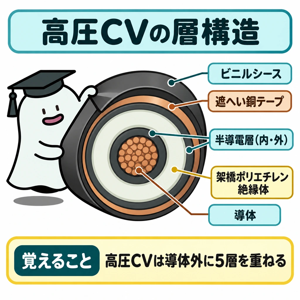 ケーブルの構造・敷設の図解。中央に高圧CVケーブルの断面を大きく描き、中心から外側へ導体→内部半導電層→架橋ポリエチレン絶縁体→外部半導電層→遮へい銅テープ→ビニルシースの順に同心円で示す。「半導電層(内・外)」のラベルからは、内側と外側の両方へ線を引く。