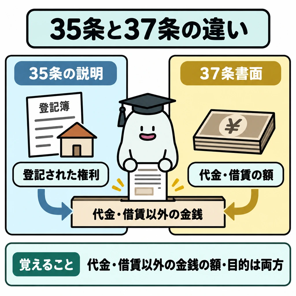 区分所有の改正と37条書面との違いの図解。正方形の図を左右2列に分け、左を「35条の説明」、右を「37条書面」とする。左だけに「登記された権利」、右だけに「代金・借賃の額」を置き、中央下で両列をつなぐ帯に「代金・借賃以外の金銭」を置いて、額と目的が両方の対象であることを示す。