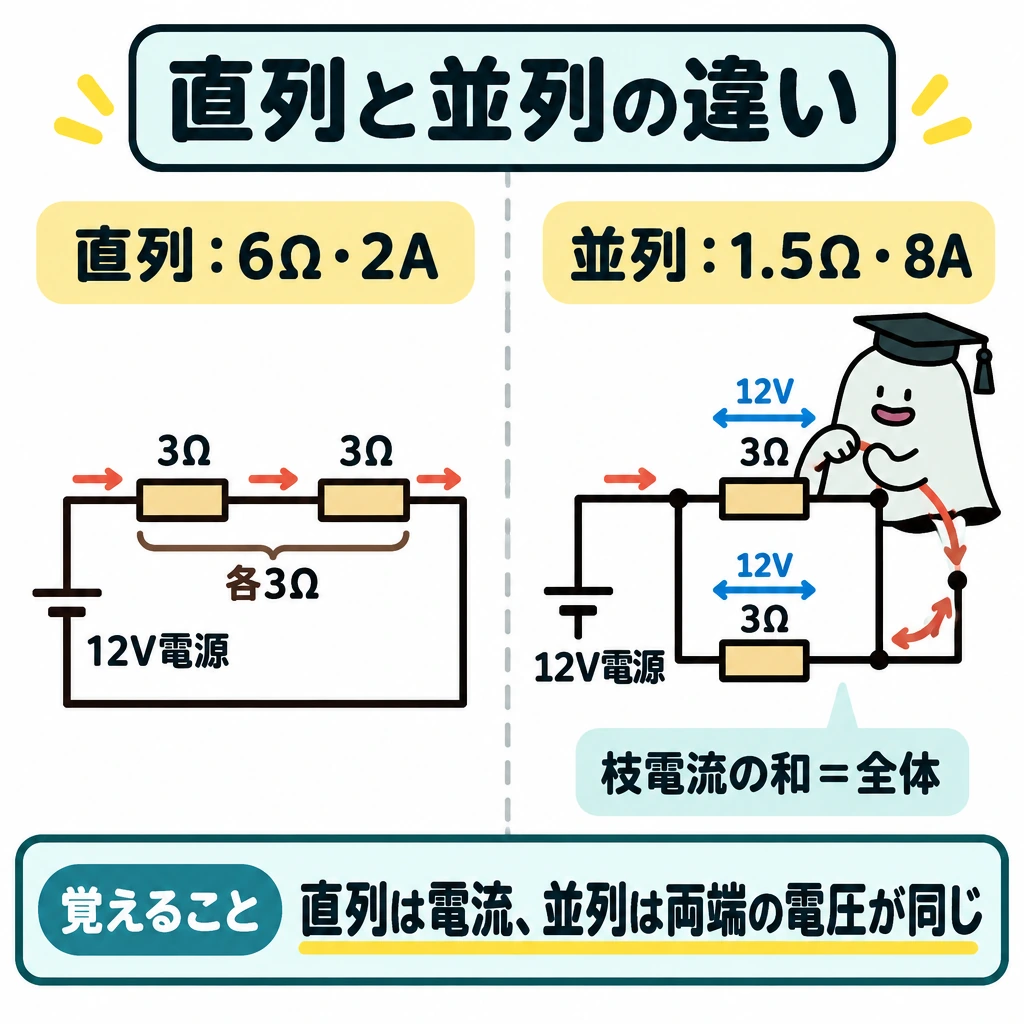基本の仕組みの図解。中央の仕切りを挟み、左に12V電源と3Ωの抵抗2個を一直線につないだ直列回路、右に同じ電源と抵抗を二股につないだ並列回路を置く。左は各抵抗へ同じ向きの電流矢印、右は両枝に同じ電圧の印と、枝の電流が合流する矢印を描く。