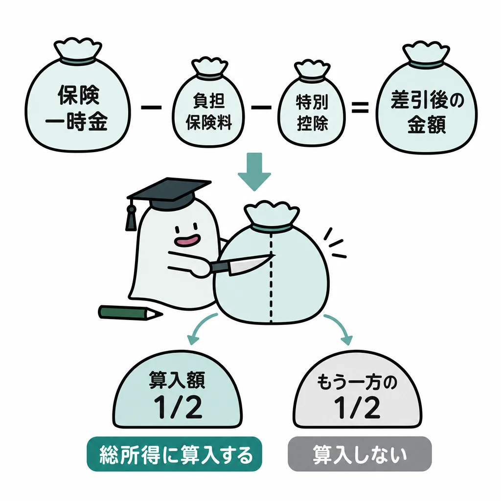 一時所得に該当する保険一時金から負担保険料と特別控除を差し引き、算入額を求める段階の図