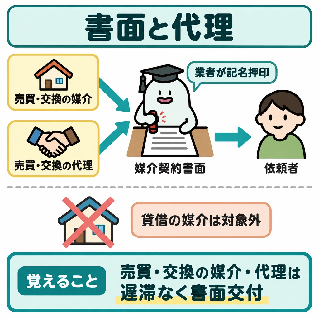 書面と代理の役割の図解。左の「売買・交換の媒介」と「売買・交換の代理」から中央の媒介契約書面へ矢印を集め、書面から右の依頼者へ交付の矢印を引く。下段は仕切りで分け、「貸借の媒介は対象外」と示す。