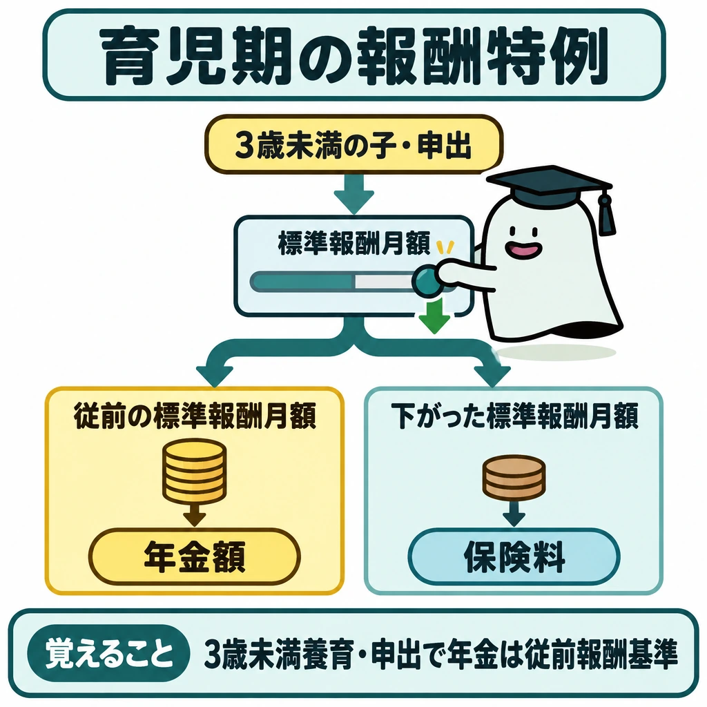 障害・遺族年金の併給調整、離婚分割、育児期間の特例の図解。上部に「3歳未満の子の養育」と申出を条件として置く。中央の標準報酬月額から下向きに二股の矢印を出し、左は「従前の標準報酬月額→年金額」、右は「下がった標準報酬月額→保険料」と仕切って対比する。