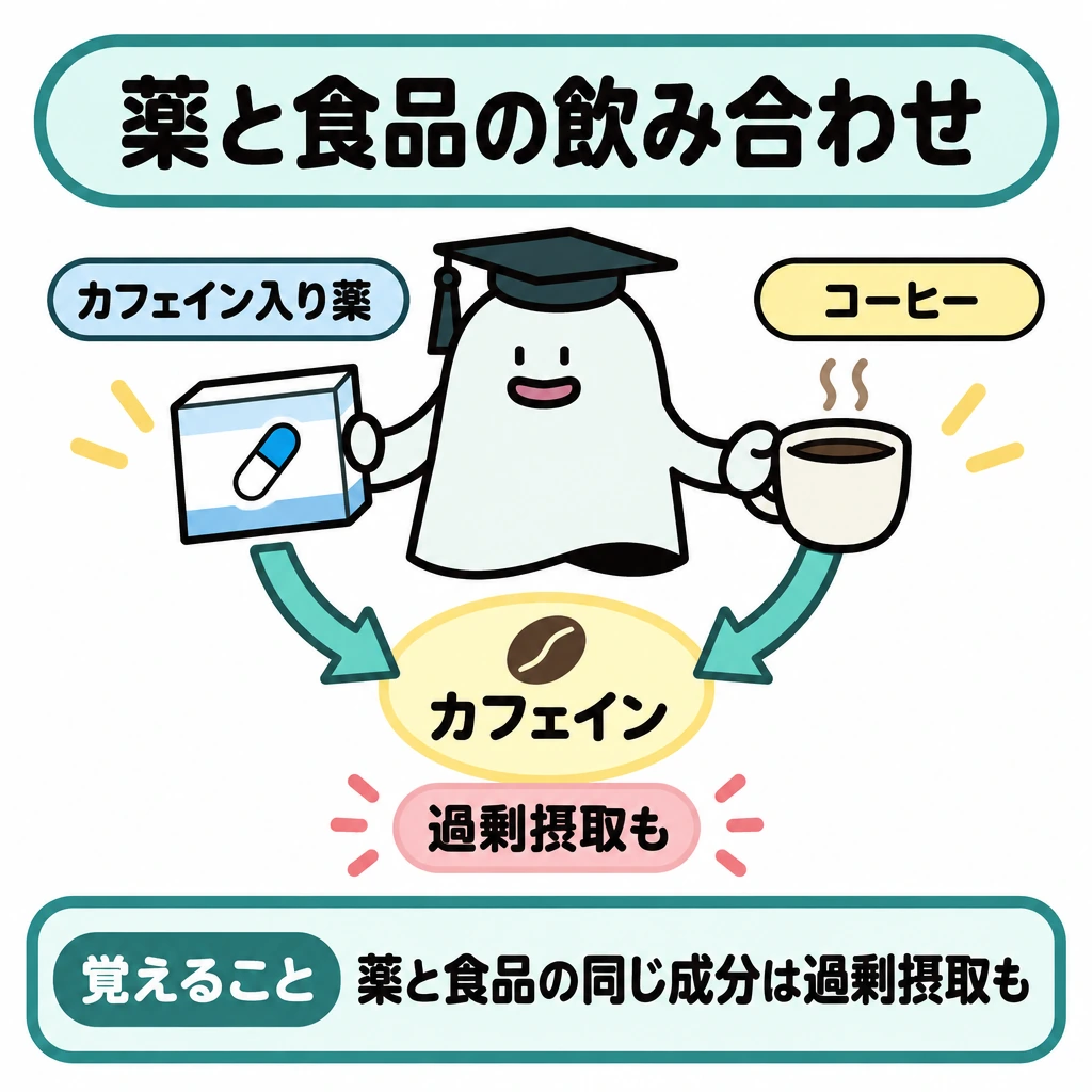 相互作用・飲み合わせ・プラセボ効果・品質の図解。左にカフェインを含む医薬品、右にコーヒーを置き、両方から中央の「カフェイン」へ矢印を向ける。中央の下に「過剰摂取も」と添え、同じ成分を重ねて摂る可能性を示す。