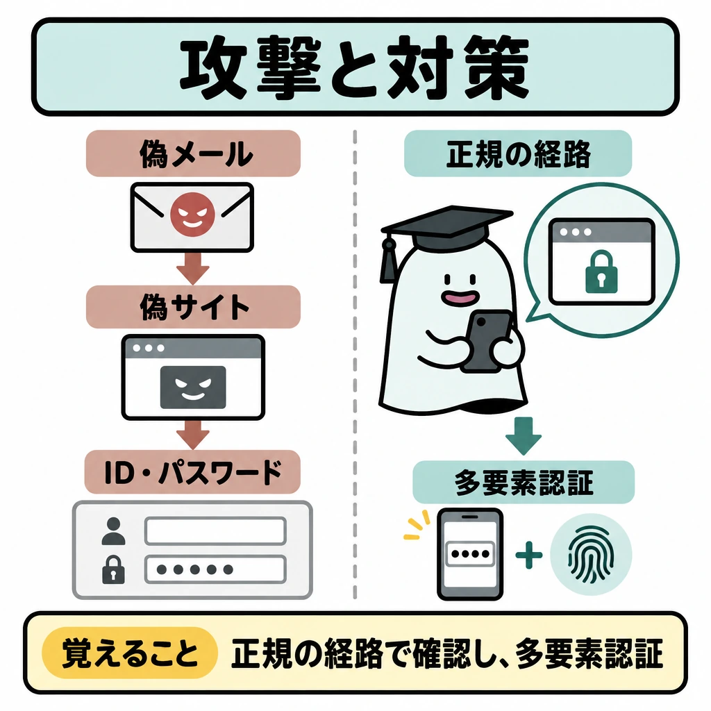 主な攻撃と対策の図解。中央の縦仕切りを挟み、左は「偽メール→偽サイト→ID・パスワードの入力を誘う」、右は「正規の経路で確認→多要素認証」と矢印で示す。左の入力欄には進ませず、右の確認を主役にする。