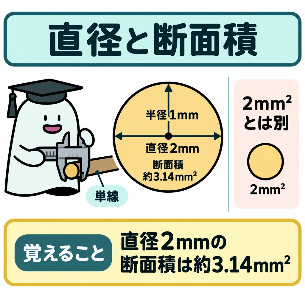 基本の仕組みの図解。中央に単線の円形断面を大きく描き、円を横切る寸法線を「直径2mm」、円の内側を「断面積約3.14mm²」とする。右側を細い仕切りで分けて「2mm²とは別」と置き、直径と断面積が異なる量だと示す。