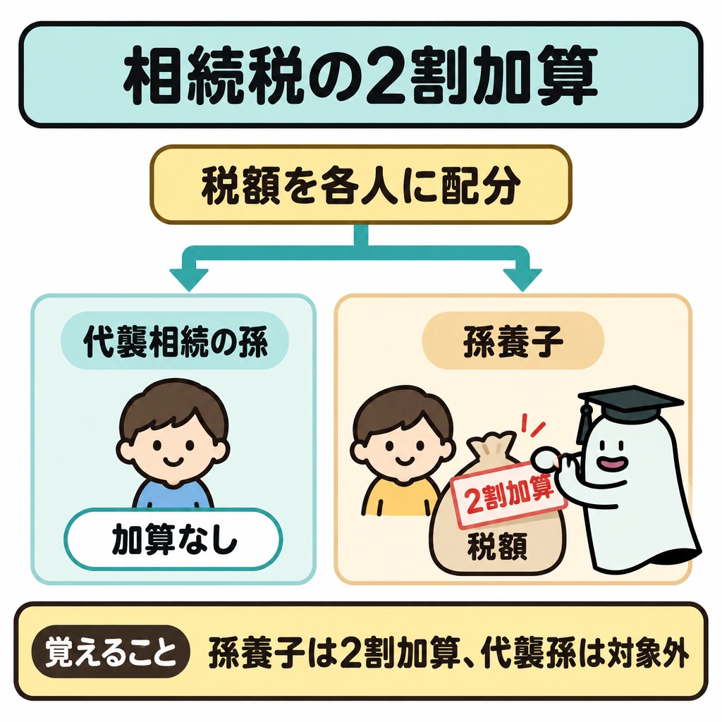 税額の加算と軽減の図解。上に「税額を各人に配分」を置き、下向きの矢印を左右に分ける。中央の仕切りの左は子が亡くなって代襲相続人となった孫を「加算なし」、右は孫養子を「2割加算」として対比する。