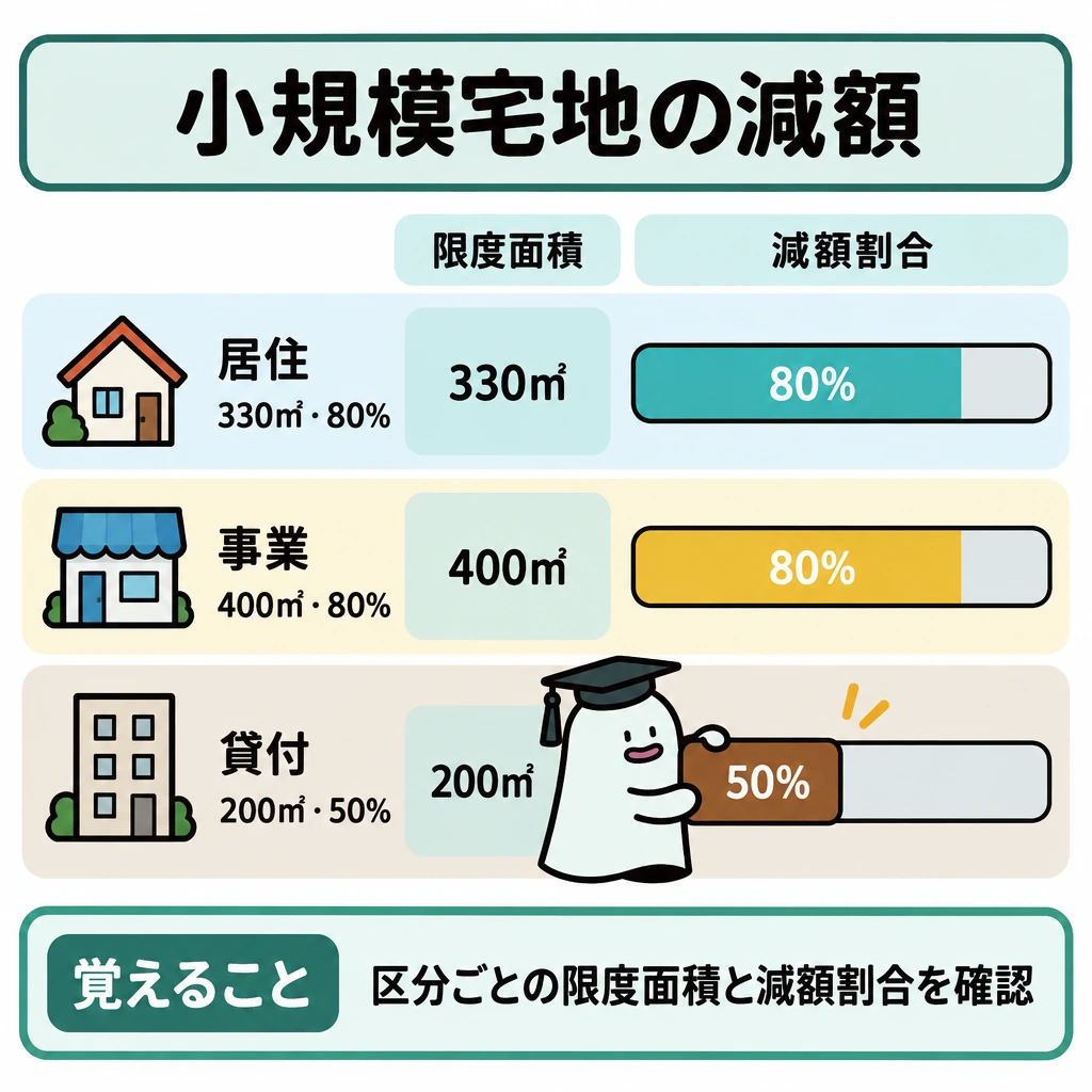 財産の評価と小規模宅地等の特例の図解。1枚の図に横3段を並べ、上から居住・事業・貸付の順に、各区分の限度面積と減額割合を示す。各段の同じ長さの帯を減額割合だけ左から塗り、面積の大小は帯の長さで表さない。