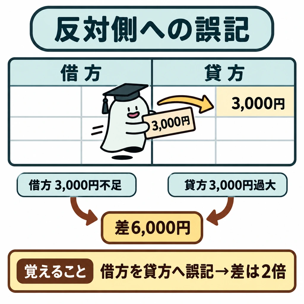 基本の仕組みの図解。中央の仕切りで借方を左、貸方を右に分け、本来は借方に記入する3,000円が貸方に入る様子を描く。借方の3,000円不足と貸方の3,000円過大から、それぞれ矢印を下の「差6,000円」へ集める。