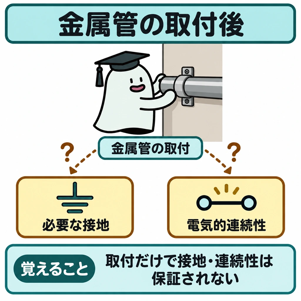 確認の図解。中央でエルくんが金属管を取り付ける一場面を描き、その下に「必要な接地」と「電気的連続性」の確認欄を左右に並べる。金属管から両欄へ点線矢印と「?」を伸ばし、取付だけでは自動的に満たされないことを示す。