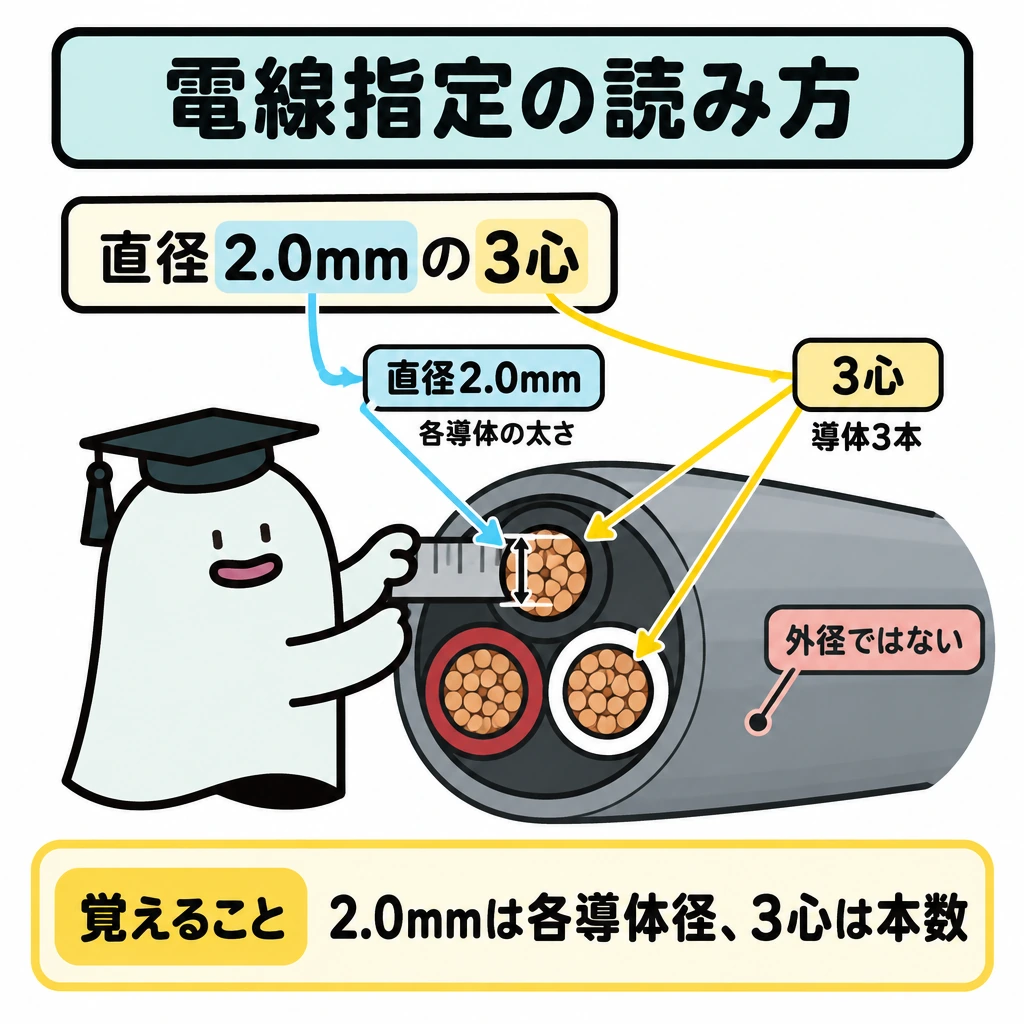 基本の仕組みの図解。左に「直径2.0mmの3心」の表示、右に導体が3本見えるケーブル断面を大きく配置する。表示から矢印を2本分け、「2.0mm」は導体1本の直径へ、「3心」は導体3本全体へ結び、ケーブル外径には2.0mmの寸法線を引かない。