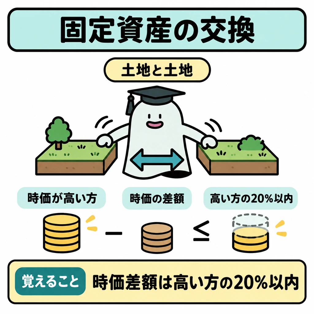 固定資産の交換の特例の図解。左右に交換する土地を1つずつ置き、中央の両向き矢印で交換を示す。下段では時価が高い方を基準に、両土地の時価の差額がその20%以内かを比較する。