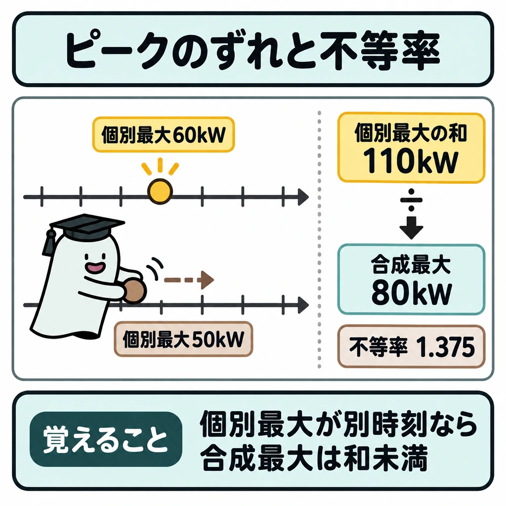 設備・ピーク・平均・同時性の図解。左に共通の時刻軸を持つ2本の横レールを上下に並べ、個別最大60kWと50kWの印を別々の時刻に置く。仕切りの右に「個別最大の和110kW」と「合成最大80kW」を並べ、和から合成最大へ「÷」の矢印を引いて不等率1.375を示す。
