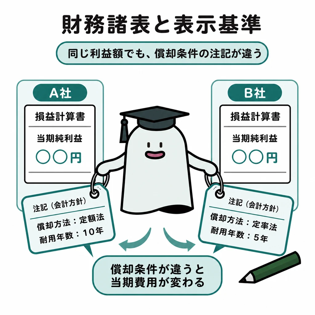 エルくんが説明する図解。同じ利益額の二社に異なる償却条件の注記が付く比較図。