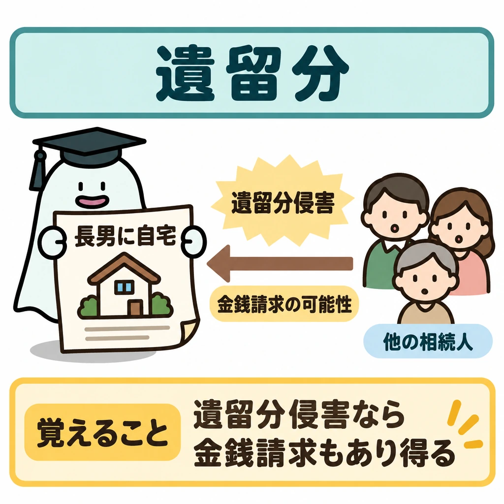 遺言の撤回と遺留分の図解。中央に「長男に自宅」と書かれた遺言を置き、右側に「他の相続人」を配置する。遺言から「遺留分侵害」を経た場合に限り、他の相続人から長男へ「金銭請求の可能性」の矢印を引く。