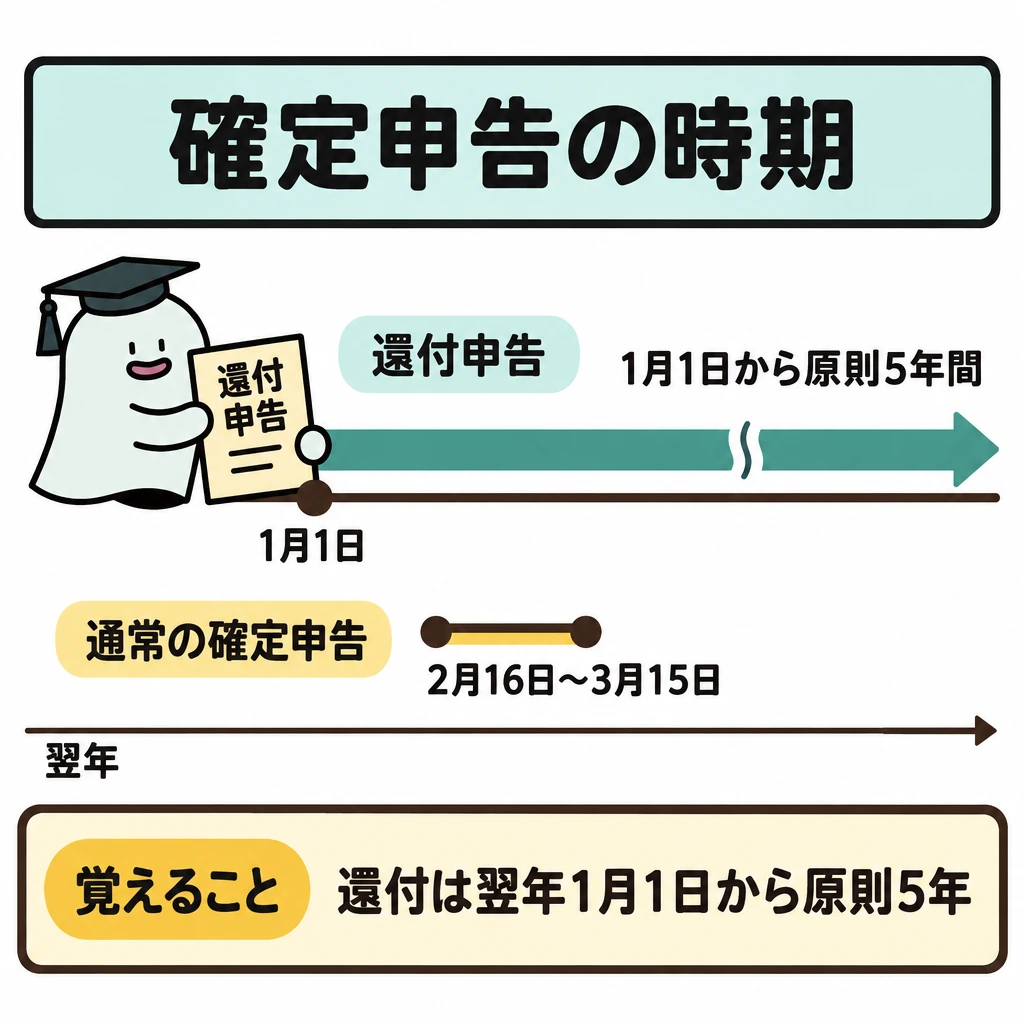 申告期限・還付・青色申告の図解。1本の時間軸に「翌年」を示し、上段の還付申告は1月1日を起点に右へ原則5年間続く矢印、下段の通常の確定申告は2月16日〜3月15日の短い帯で示す。5年間の矢印には省略記号を入れ、帯との長さを縮尺として比較させない。