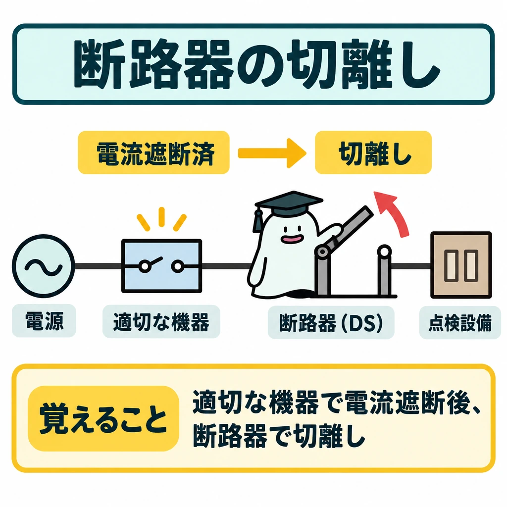 基本の仕組みの図解。左から電源、適切な機器、断路器(DS)、点検設備を一本の結線上に配置する。適切な機器で電流を遮断した状態と、DSの開いた接点を別々に描き、上側の矢印で「遮断してから切離し」の順を示す。
