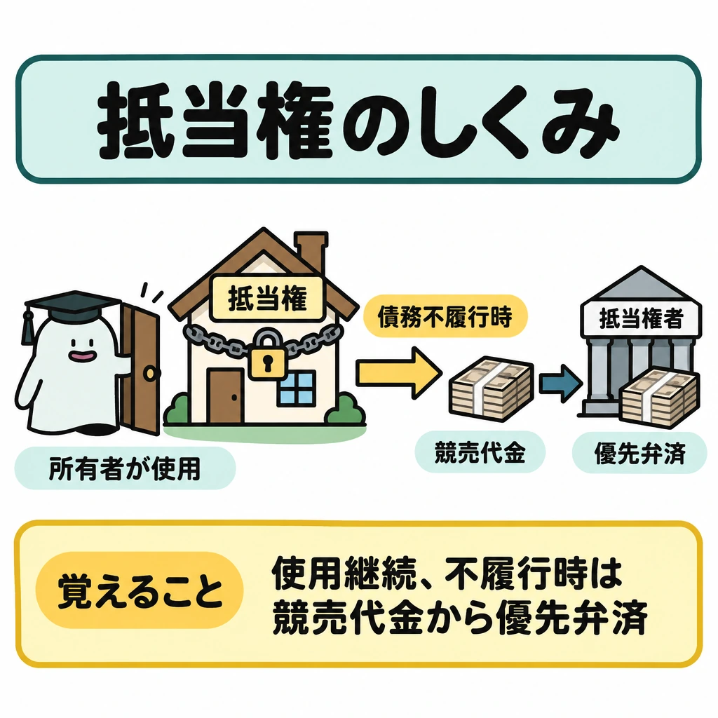 抵当権などの担保の図解。中央に抵当権の付いた家を置き、左側で所有者のエルくんが使い続ける様子を描く。家から右へ「債務不履行時」の条件付き矢印を伸ばし、競売代金から抵当権者へ優先弁済される流れを示す。