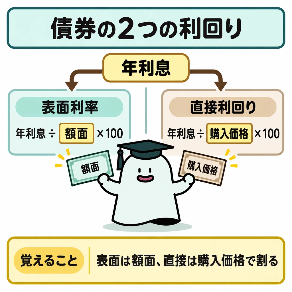 債券の利回りと価格の図解。中央上の「年利息」から左右へ矢印を分け、細い仕切りの左に「表面利率=年利息÷額面×100」、右に「直接利回り=年利息÷購入価格×100」を並べる。違うのは割る相手だと分かるよう、2つの分母欄を強調する。