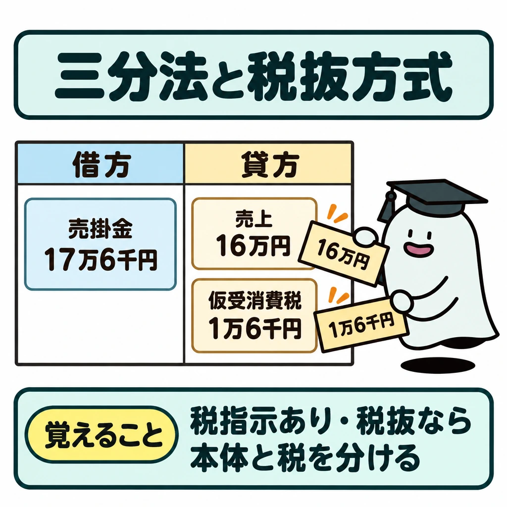 三分法と税抜方式をつなぐの図解。本体16万円・消費税10%の掛売りを、中央の縦線で借方と貸方に分けた一つの仕訳で示す。左に売掛金17万6千円、右に売上16万円と仮受消費税1万6千円を上下に並べ、売上と税を分けて記録する関係を見せる。