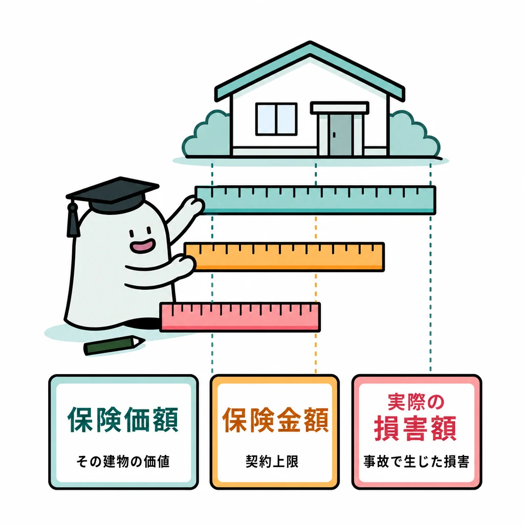 同じ建物に保険価額、保険金額、実際の損害額という三つの物差しを並べる図