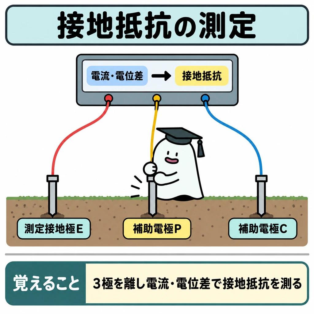 接地抵抗の測定の図解。中央の地面に左から測定接地極E、補助電極P、補助電極Cを離して配置し、各極を上部の測定器につなぐ。測定器には「電流・電位差」から「接地抵抗」への矢印を描き、下部は線で仕切って「覚えること」を置く。