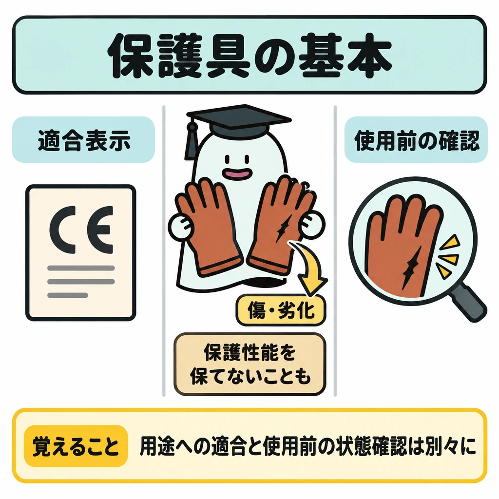 基本の仕組みの図解。中央に絶縁用手袋を大きく描き、左に「適合表示」、右に「使用前の確認」を置いて、間を縦線で仕切る。手袋の傷から「保護性能を保てないことも」へ矢印を引き、適合表示だけでは状態の確認に代わらないことを示す。