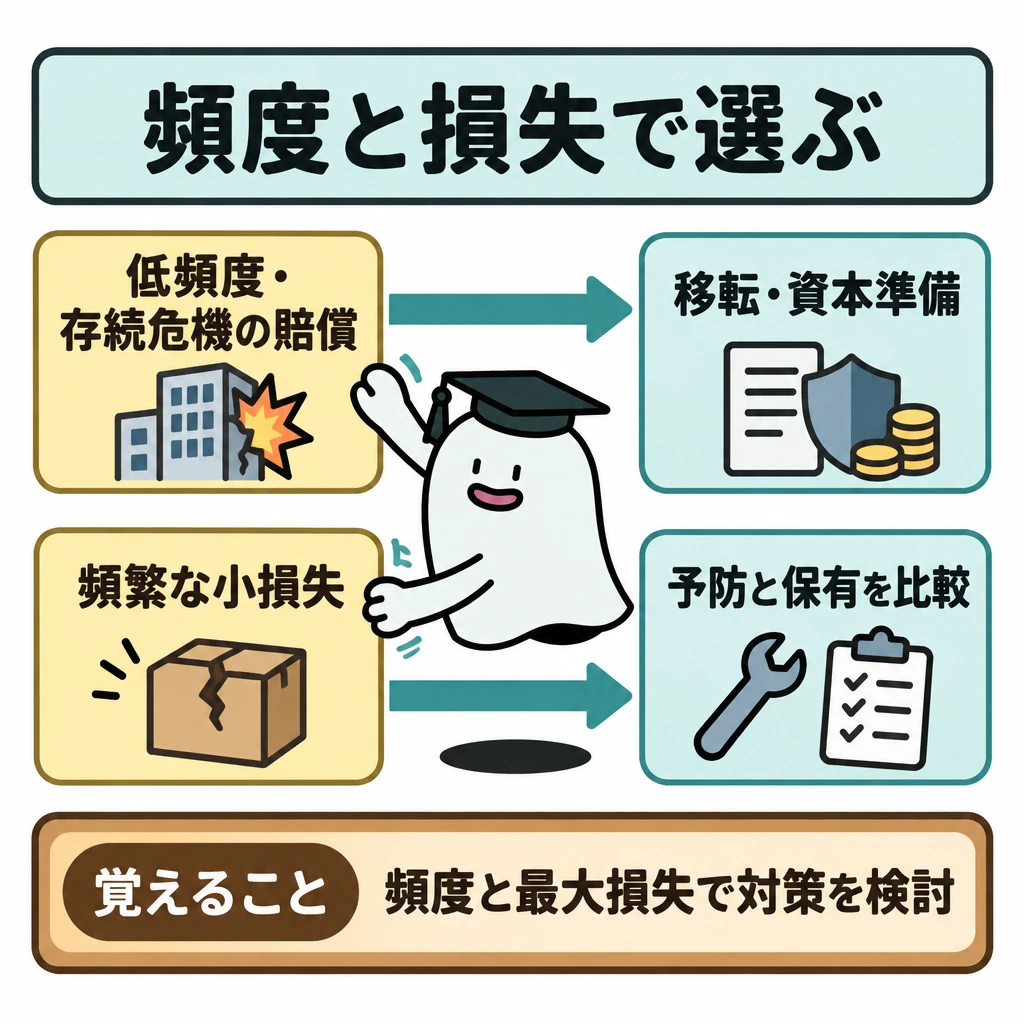 頻度・最大損失・対応方法を組み合わせるの図解。正方形を上下2段に仕切り、各段を左のリスクから右の対応案へ矢印でつなぐ。上段は「低頻度・存続危機の賠償」→「移転・資本準備」、下段は「頻繁な小損失」→「予防と保有を比較」とし、いずれも検討する案として描く。