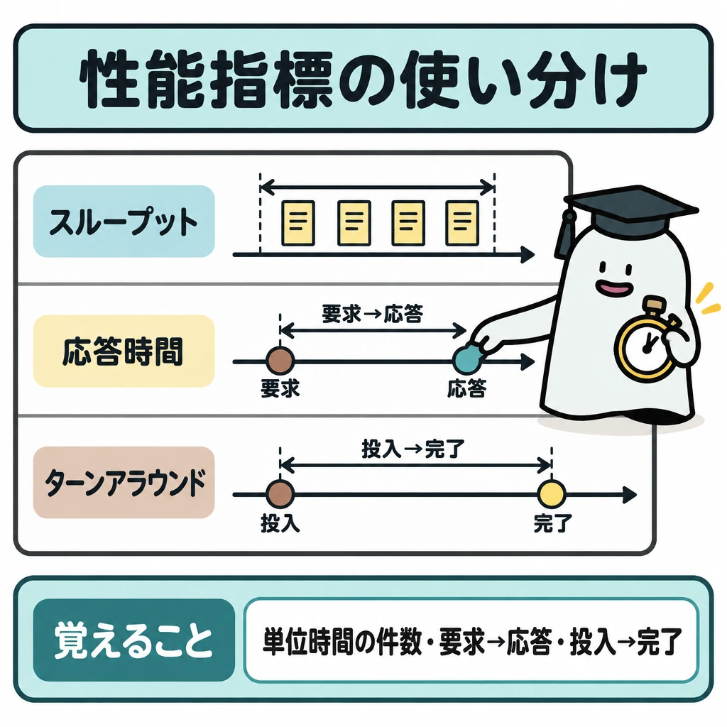 性能指標の使い分けの図解。1枚の計測ボードを横線で3段に仕切る。上段は一定の時間幅の中にある処理済みカードの枚数を数え、中段は「要求→応答」、下段は「投入→完了」の区間を右向き矢印で示す。