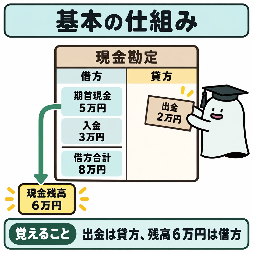 基本の仕組みの図解。中央に現金勘定を置き、縦線で左の借方と右の貸方を分ける。左の期首現金5万円と入金3万円を合計し、右の出金2万円を差し引く矢印を引いて、差額の現金残高6万円を左側に示す。