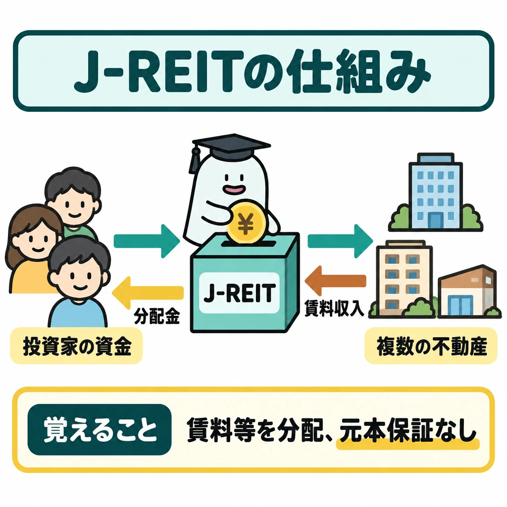 不動産の証券化とJ-REITの図解。左の投資家から中央のJ-REITへ資金が向かい、右の複数の不動産へつながる。賃料収入は不動産からJ-REITへ、分配金はJ-REITから投資家へ戻る矢印で示す。