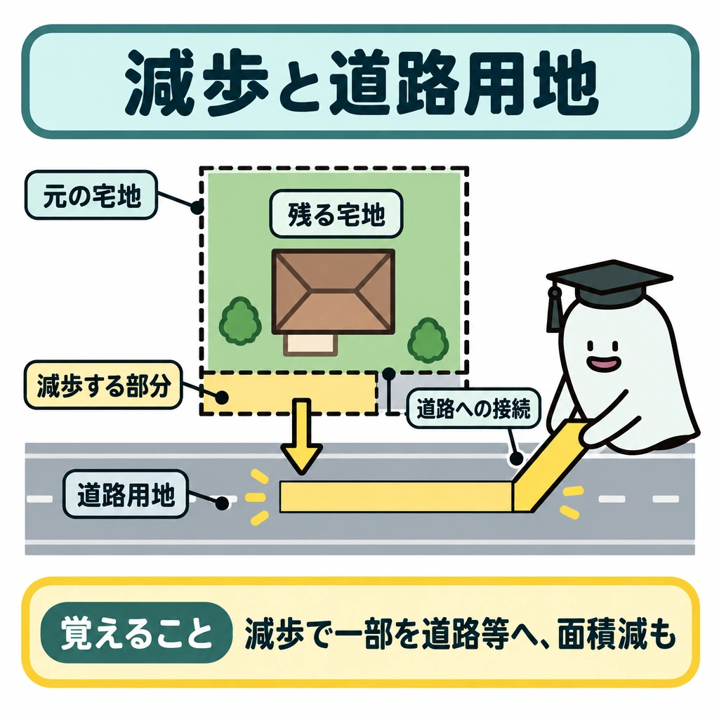 施行者・減歩・換地計画の図解。中央に宅地を上から見た図を置き、元の境界を点線で示す。下辺の一部を矢印で道路用地の帯へ移し、残る宅地が道路に接する配置にする。