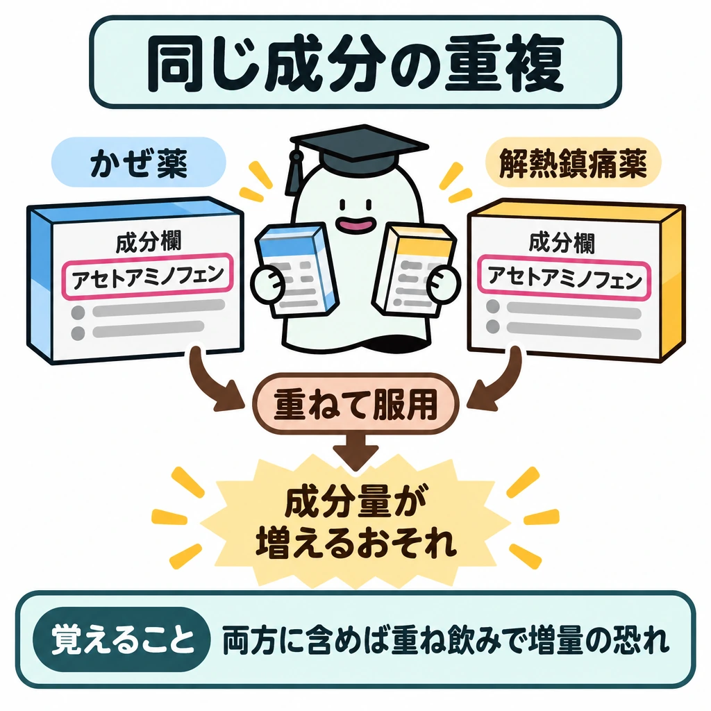 基本の仕組みの図解。左にかぜ薬、右に解熱鎮痛薬の箱を置き、両方の成分欄にある「アセトアミノフェン」を同色で囲む。2つの箱から中央下の「重ねて服用」へ矢印を集め、成分量が増えるおそれを下部の結論で示す。